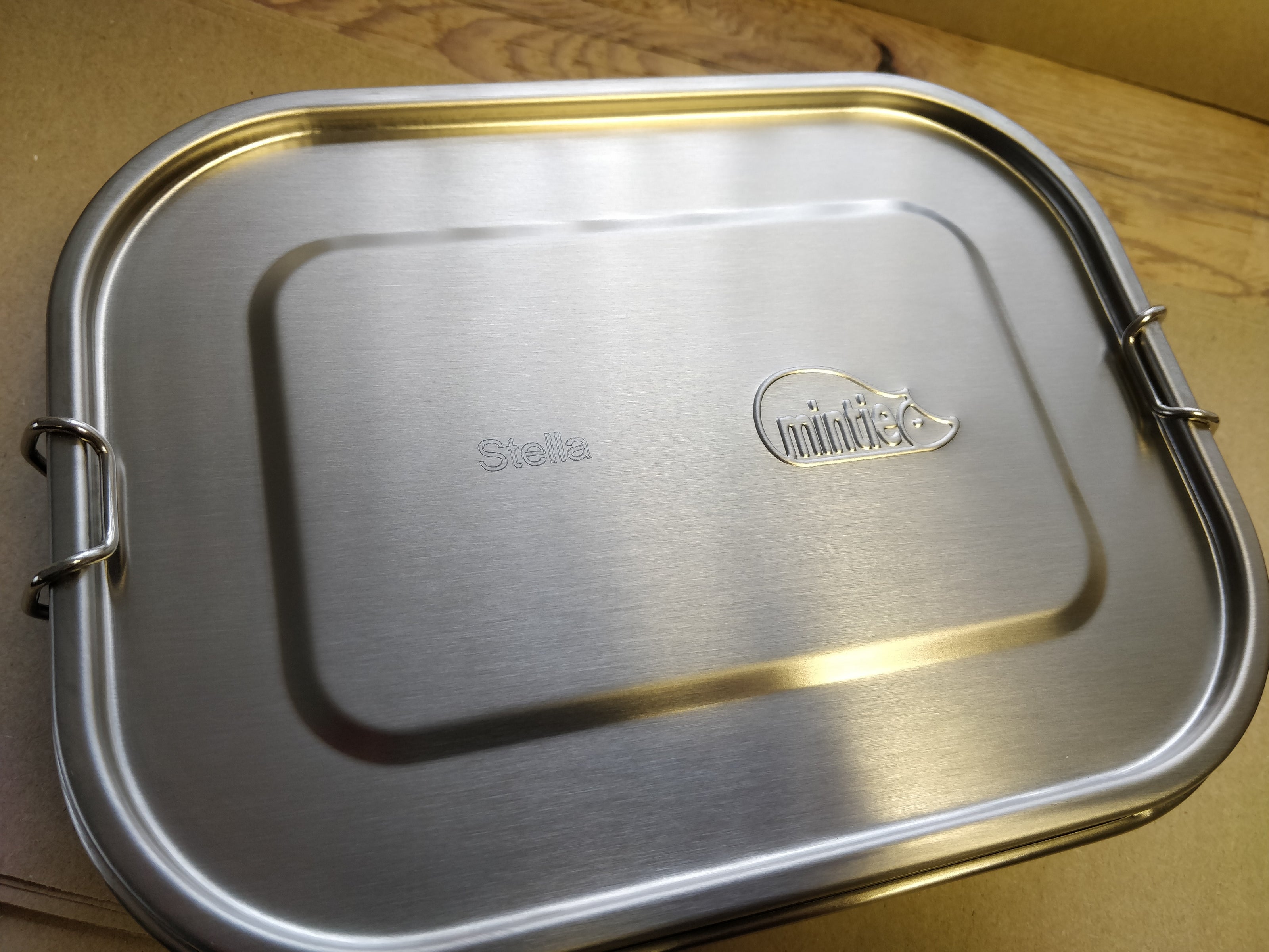 personalised lunchbox lid engraved with name initials, logo branding pic graphic. gift and presents for family friend. label containers food tins. make it your own
