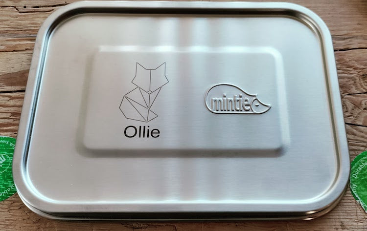 personalised lunchbox lid engraved with name initials, logo branding pic graphic. gift and presents for family friend. label containers food tins. make it your own